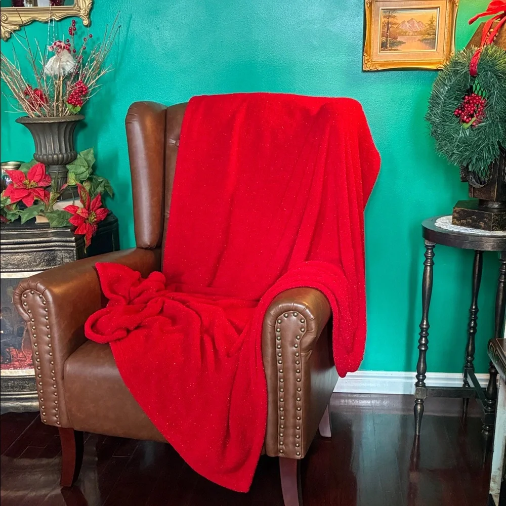 Red chenille with silver sparkles throw blanket 50”X 62” holiday decor christmas